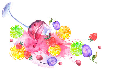 Watercolor drawing. Spilled wine, a fallen glass, a wine glass. Splash paint, a spilled drink, a spray. The illustration is made in watercolor.Fruit cocktail, wine. Citrus, grapes, plums, strawberries