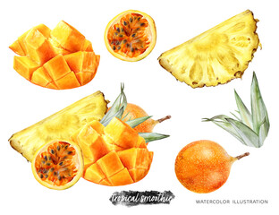 Passion fruit mango pineapple composition watercolor illustration isolated on white background