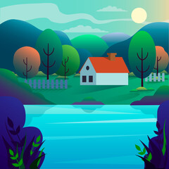 Obraz na płótnie Canvas House on a meadow by the lake. Mountain landscape with a small house in the forest near the lake. Landscape in the style of flat. Vector illustration.
