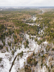 Fototapeta na wymiar Aerial view of winding river and forest in Riezupe river nature park in winter day, Latvia. 