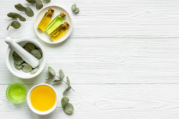 Natural cosmetic products - eucalyptus essential oil, top view