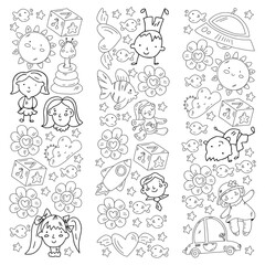 Vector pattern with boys and girls. Kindergarten and toys. Happy childhood and creativity with imagitanion.