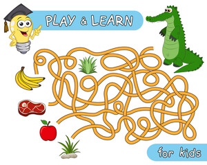 What does the crocodile eat? Help the alligator to find right way in maze and learn that reptile like to eat. Maze Game with Solution. Riddle with tangled lines. Educational and logical game for kids.