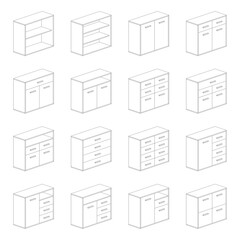 Furnitures - double cupboards, bedside, shoe, kitchen and bathroom cabinets. Different installation and montage solutions, pictogram types.
