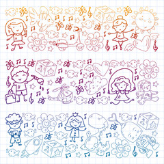 Vector pattern with boys and girls. Kindergarten and toys. Happy childhood and creativity with imagitanion.