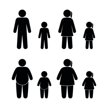 People character healthy weight and obesity, man woman and children, overweight problem icon set people, stick, age, figure pictogram icons.