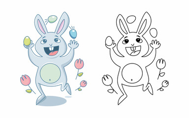 Cheerful rabbit juggles with Easter eggs. Easter holiday concept. Vector, illustration