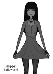 Brunette girl. Grayscale illustration. Pretty girl in dress. Happy halloween!