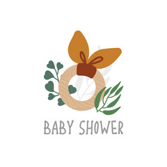 Eco wooden toy teether with eucalyptus leaves, cute kids card, poster, flyer. Neutral colors illustration isolated on white. Vector