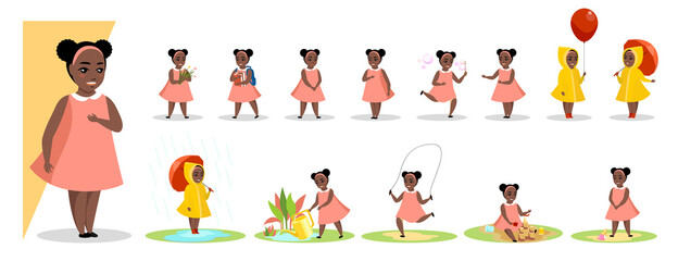 Little black girl in various gesture expression poses. Female african child shows different emotion set. Cute kid character plays and rejoices, sad and angry, stands and sits. Vector illustration
