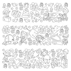 Vector pattern with boys and girls. Kindergarten and toys. Happy childhood and creativity with imagitanion.
