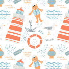 Nautical and cute seamless pattern with lighthouse and cat in cartoon style. Child pattern