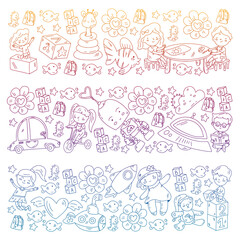 Vector pattern with boys and girls. Kindergarten and toys. Happy childhood and creativity with imagitanion.