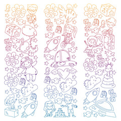 Vector pattern with boys and girls. Kindergarten and toys. Happy childhood and creativity with imagitanion.