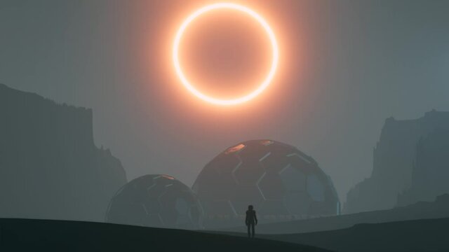 Space base on alien planet. Female astronaut standing in front of habitable domes.