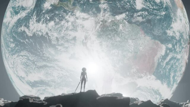 Female astronaut with sword standing in Moon with Earth in the background, CGI animation