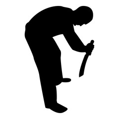 Silhouette man with sword machete cold weapons in hand military man soldier serviceman in positions hunter with knife fight poses strong defender warrior concept weaponry stand black color vector 
