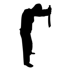 Silhouette man with sword machete from above cold weapons in hand military man soldier serviceman in positions hunter with knife fight poses strong defender warrior concept weaponry stand black color 