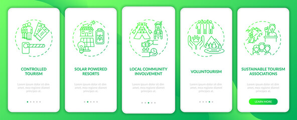 Best sustainable tourism practices onboarding mobile app page screen with concepts. Voluntourism walkthrough 5 steps graphic instructions. UI, UX, GUI vector template with linear color illustrations