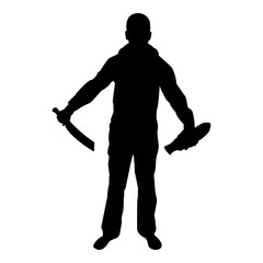 Silhouette man with sword machete remove sheath scabbard cold weapons in hand military man soldier serviceman in positions hunter with knife fight poses strong defender warrior concept weaponry stand 