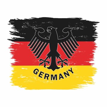 Colored illustration of an eagle, text, flag on the background. Vector illustration with grunge texture for emblem, print, sticker, label and badge. Heraldry of Germany.