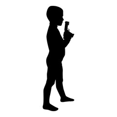 Silhouette boy holds toy gun child playing with pistol game childhood shooting weapon concept preschool cute little male playing criminal black color vector illustration flat style image