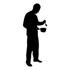 Silhouette man with saucepan spoon in his hands preparing food male cooking use sauciers black color vector illustration flat style image