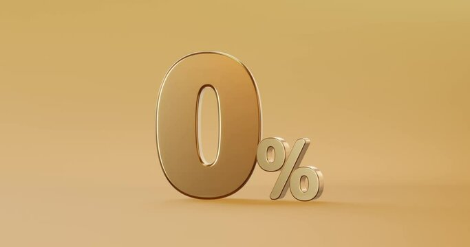 Zero percentage gold sign and sale discount on golden background with special offer rate. 3D rendering.