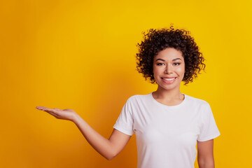 Portrait of adviser charming lady palm hold empty space over yellow background