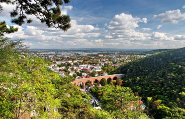Moedling (Mödling), Lower Austria. Travel destination trip from Vienna. Beautiful view on Austria withviaduct, blue sky, clouds and  nature, Austria. Moedling, Lower Austria. Panorama nature view.