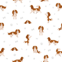 Cavalier King Charles spaniel seamless pattern.  Different poses, coat colors set. - obrazy, fototapety, plakaty