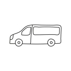 Hand drawn doodle small bus for coloring children book. Simple line, 2 - 4 age group. Big mashines, lorry, havy vehicle transport