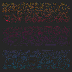 Vector pattern with boys and girls. Kindergarten and toys. Happy childhood and creativity with imagitanion.