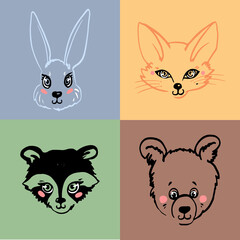 Forest animals portrait: bear, raccoon, fox, bunny. T-shirt print sketch. Cartoon cute animal head illustration. Vector hand drawing doodle logo style.