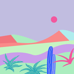 Mountains, tropical plants. Atmospheric picture with nature. Colored sunset. Vector illustration