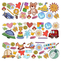 Vector pattern with boys and girls. Kindergarten and toys. Happy childhood and creativity with imagitanion.