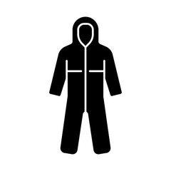 Medical coveralls black glyph icon. Protective wear from dangerous contamination. Suit for laboratory. Quarantine safety. Disposable PPE. Silhouette symbol on white space. Vector isolated illustration