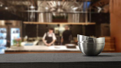 Table background of free space and restaurant interior. 