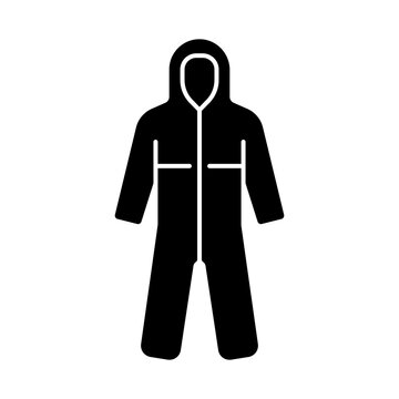 Medical Coveralls Black Glyph Icon. Protective Wear From Dangerous Contamination. Suit For Laboratory. Quarantine Safety. Disposable PPE. Silhouette Symbol On White Space. Vector Isolated Illustration