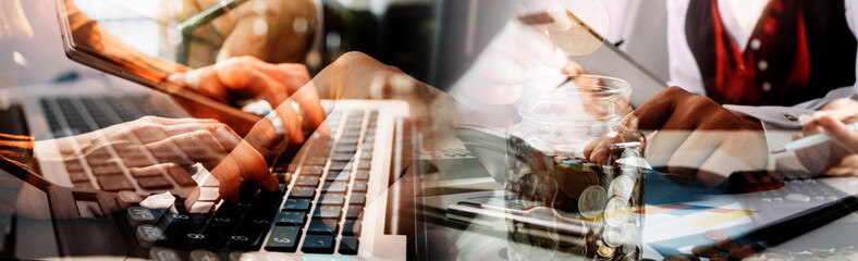 Business and lawyers discussing contract papers with brass scale on desk in office. Law, legal services, advice, justice and law concept picture with film grain effect