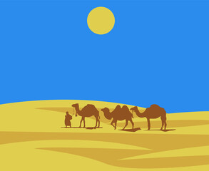 Beautiful tropical painting. It's dawn in the desert, camels are walking in the distance. Vector illustration