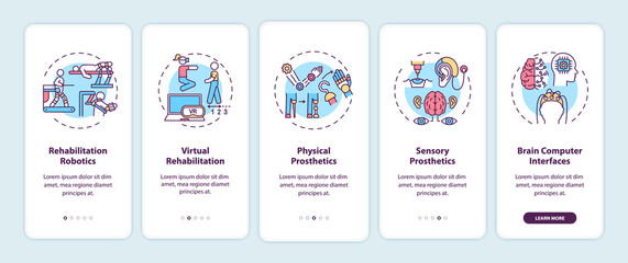 Rehabilitation engineering application onboarding mobile app page screen with concepts. Robotics walkthrough 5 steps graphic instructions. UI, UX, GUI vector template with linear color illustrations