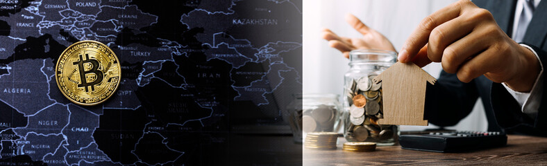 Businessmen hold dollars.Gold Bitcoin with electronic computer processor board.Digital money Digital currency Trading and investment concept.