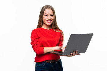 Fototapeta premium young beautiful modern woman having an laptop in hand isolated on white background