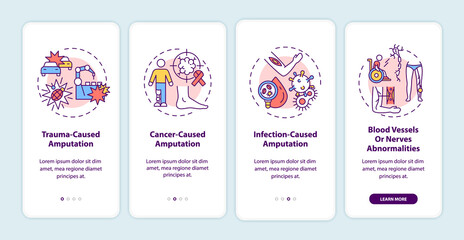 Amputation causes onboarding mobile app page screen with concepts. Trauma, cancer, infection walkthrough 4 steps graphic instructions. UI, UX, GUI vector template with linear color illustrations