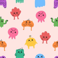 Seamless pattern of hand drawn doodle cute little monsters. Abstract colorful characters. Vector flat illustration