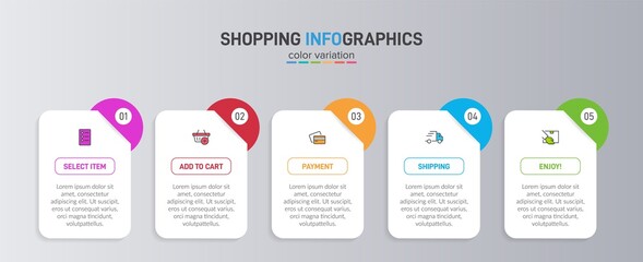 Concept of shopping process with 5 successive steps. Five colorful graphic elements. Timeline design for brochure, presentation, web site. Infographic design layout.