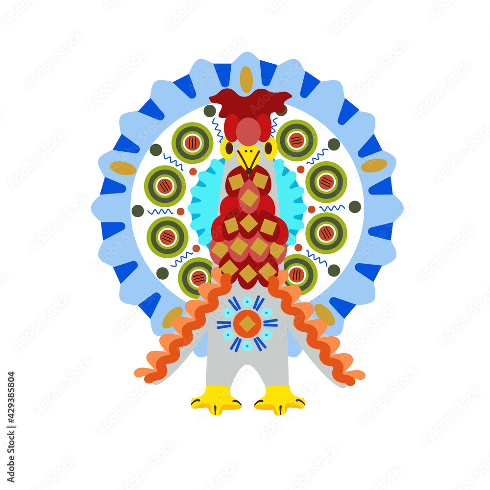 Wall mural vector toy turkey with pattern in national Russian Dymkovo ornament isolated on white background.Collection of Kirov toys. Illustration in the poo cartoon style. Russian Maslenitsa