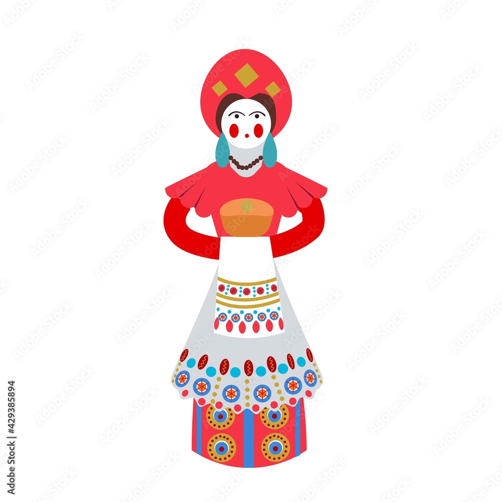 Wall mural Vector toy woman with bread in her hands in the national Russian Dymkov ornament, isolated on a white background. Russian folk crafts. Illustration of a Russian toy in a flat cartoon style