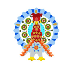 vector toy turkey with pattern in national Russian Dymkovo ornament isolated on white background.Collection of Kirov toys. Illustration in the poo cartoon style. Russian Maslenitsa